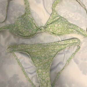 Green and white floral bikini set
